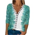 thumbnail image 1 of LEAVINGSUO Blouses for Women Women's Fashion T-Shirt Floral Printed Lace Three Quarter Sleeve Blouse V-Neck Casual Tops, 1 of 5