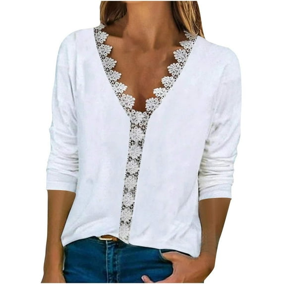 LEAVINGSUO Blouses for Women Women's Fashion T-Shirt Floral Printed Lace Three Quarter Sleeve Blouse V-Neck Casual Tops