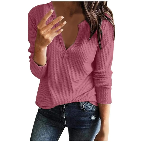 LEAVINGSUO Blouses for Women Women's Solid Color V-neck Comfortable Loose T-Shirt Long Sleeves Blouse Casual Tops
