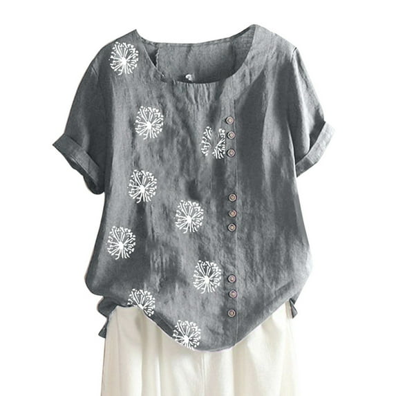 LEAVINGSUO Button Down Shirts for Women, Womens Tops Womens Fashion Women's Summer Casual Round Neck Short Sleeve Flower Printing Loose Shirt Tops