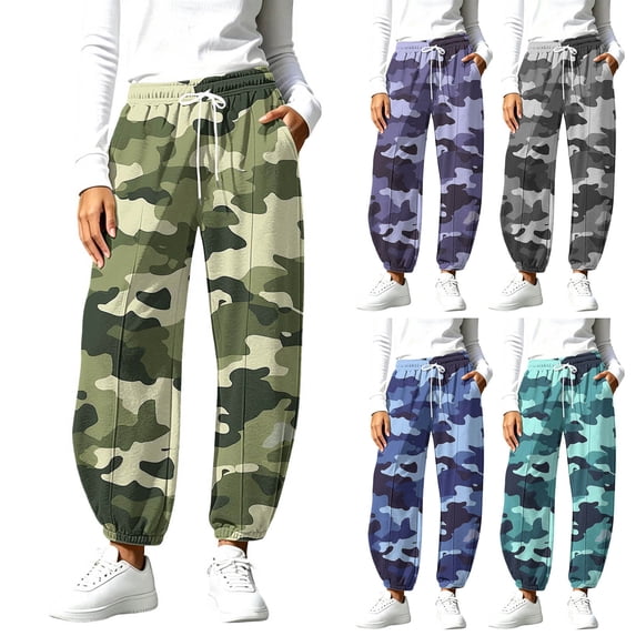 LEAVINGSUO Camouflage printed Sweatpants for Women Casual Wide Leg Cropped Barrel Pant With Pockets Gray M