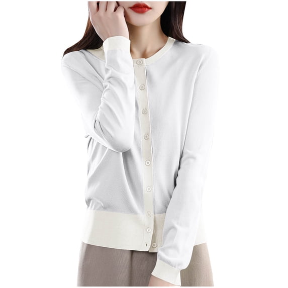 LEAVINGSUO Cardigan Sweaters for Women Fashion Casual Solid Color Loose Long Sleeves Cardigan White L