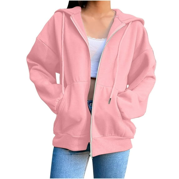 LEAVINGSUO Cardigans for Women Womens Tops Women Fashion Blouse Long Sleeve Tops Sweatshirt Pockets Hoodied Pink XL