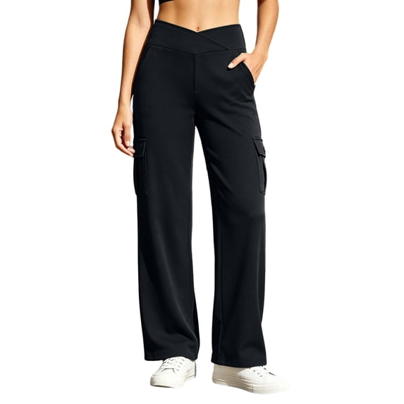 LEAVINGSUO Cargo Pants Women High Waist Yoga Pants Wide Leg Stretchy Work Pants With Pockets Casual Pants For Workout Dark Blue S