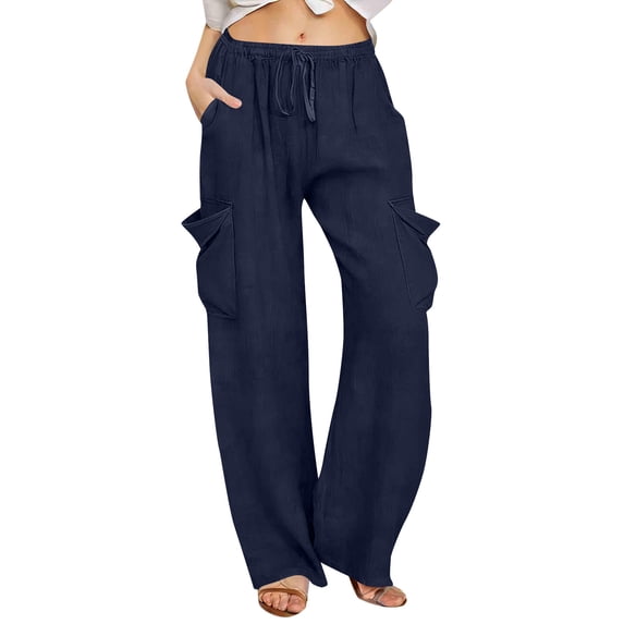 LEAVINGSUO Cargo Pants Women Linen Wide Leg Work Pants with Elastic Drawstring Waistband Casual Pants with Pockets Navy XL