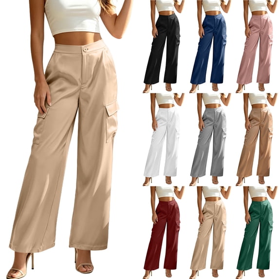 LEAVINGSUO Cargo Pants Women Satin Work Pants With Elastic Waistband And Button Flap Pockets Casual Trousers Pink L