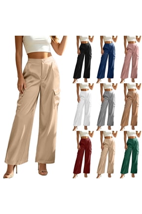 Cargo Pants Women Satin Work Pants With Elastic Waistband And Button Flap Pockets Casual Trousers Pink S