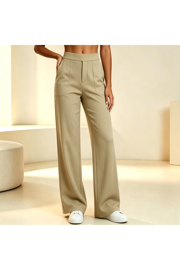 Casual Pants with Pockets for Women Ladies' Fashionable Solid Color Straight Leg Pants For Everyday Wear Khaki M