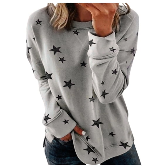 LEAVINGSUO Casual Shirts for Women,Fashion Women Print Long Sleeve Comfortable Breathable Round-Neck Shirt Tops Gray L