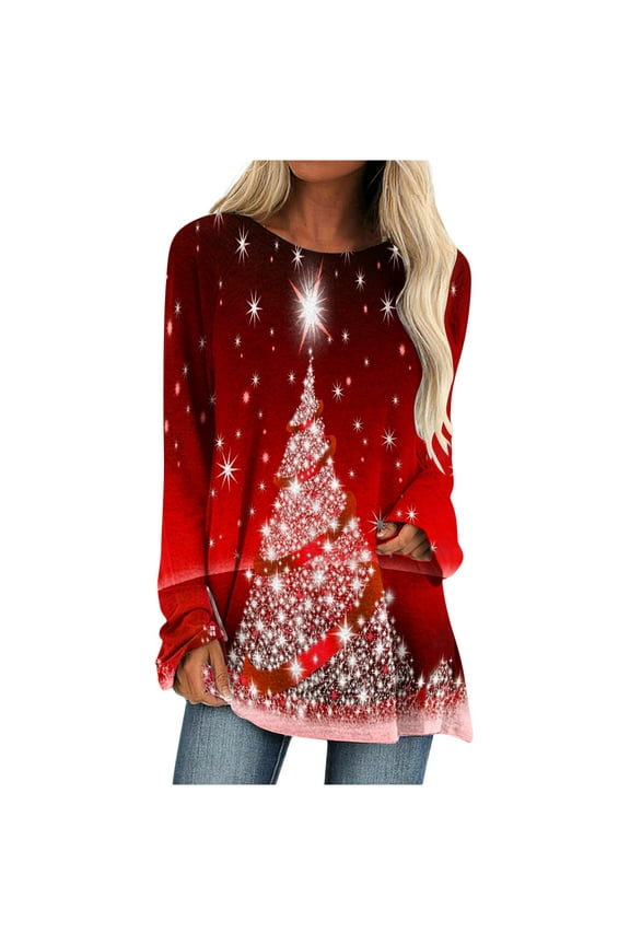 Christmas under $10, Womens Plus Size $5 Women Long Sleeves Floral Casual Shirts Solid Pullover Loose Tunic Tops Christmas Tree Print Round Neck Long Dleeve Blouse