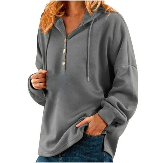 LEAVINGSUO Christmas, Womens Tops Long Sleeve Women Fall Winter Solid Color V-Neck Button Crop Workout Long Sleeve Sexy Hoodied Tops Pullover Blouse