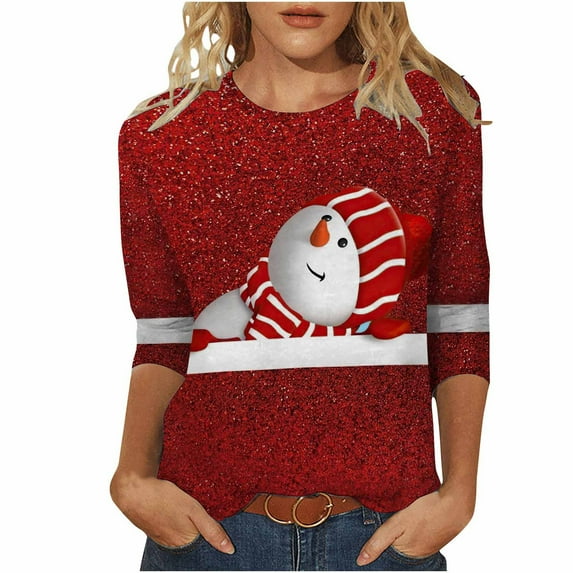 LEAVINGSUO Christmas Clothes Women, Long Blouses for Women Women's Fashion Christmas PrintLoose T-Shirt 3/4 Sleeves Blouse Round Neck Casual Tops
