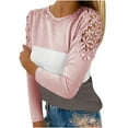 thumbnail image 1 of LEAVINGSUO Fall Clothes for Women Fashion,Women Casual Color Blocking Round-Neck Lace Hollow Out Long Sleeve Pullover Slimming Blouse T-Shirt Tops Pink XL, 1 of 5
