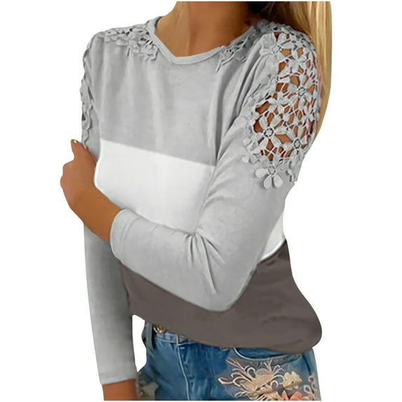 LEAVINGSUO Fall Clothes for Women Fashion,Women Casual Color Blocking Round-Neck Lace Hollow Out Long Sleeve Pullover Slimming Blouse T-Shirt Tops Gray S