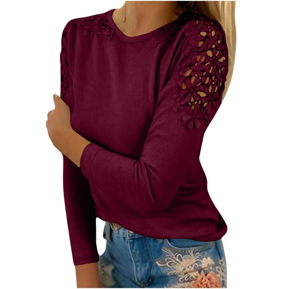 LEAVINGSUO Fall Clothes for Women Fashion,Women Casual Solid Round-Neck Lace Hollow Out Long Sleeve Pullover Slimming Blouse T-Shirt Tops Wine XL