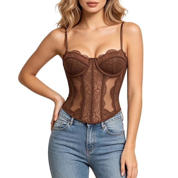 LEAVINGSUO Corset Tops for Women Court Style Floral Lace Spaghetti Strap Shaping Top Slim Waist Pointed Hem Bustier Daily Dating Outf Brown XS