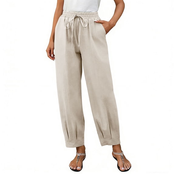 LEAVINGSUO Cotton Linen Pants for Womens Color Loose Casual And Linen Drawstring With Pockets Trousers Beige XL