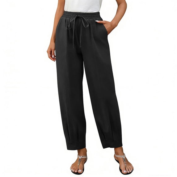 LEAVINGSUO Cotton Linen Pants for Womens Color Loose Casual And Linen Drawstring With Pockets Trousers Black S