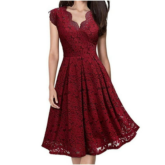 LEAVINGSUO Summer Dresses for Women Fashion Women Lace Pacthword Casual Solid Dress V-Neck Sleeveless Dress