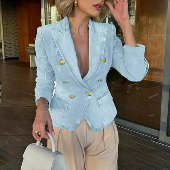 GaThRRgYP Denim Jackets for Women,Women's Double Breasted Jackets Long Sleeved Hoodless Turndown Collared Double Pocket Denim Outwear Light Blue L