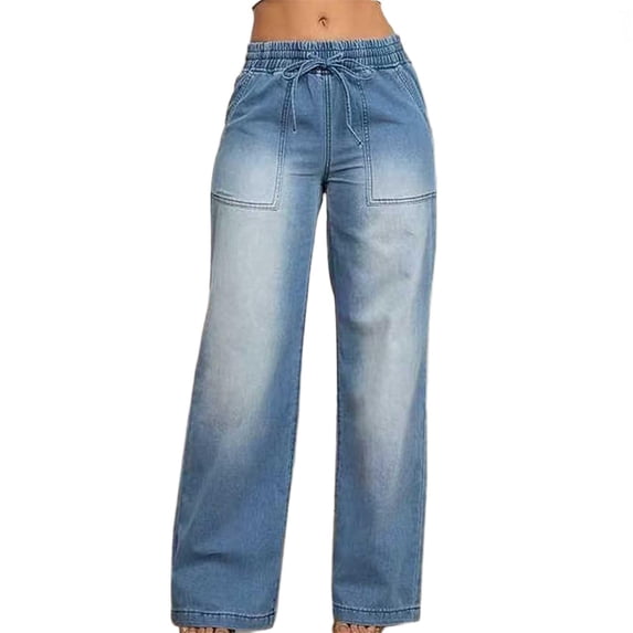 LEAVINGSUO Denim Pants for Women Plus Size Women Casual And Fashionable Drawstring And Elastic Waistband Straight Leg Wide Leg Denim Pants Light Blue XL