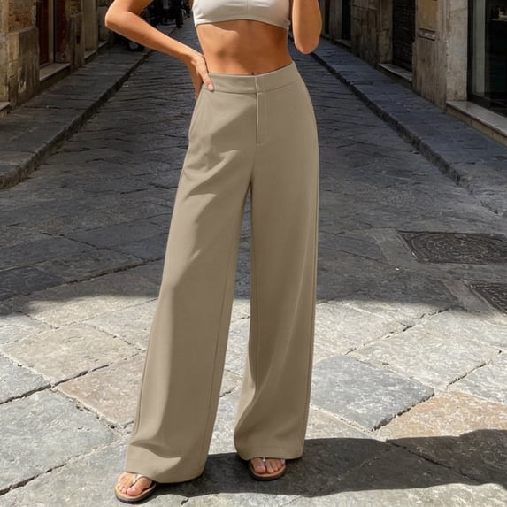 LEAVINGSUO Dress Pants for Women Plus Size Summer Casual High-End Straight-Leg Slim Business Suit Pants Khaki S