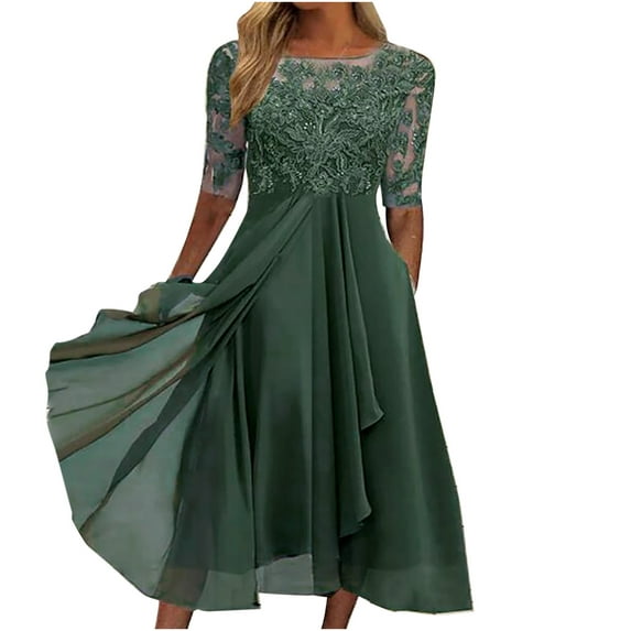 LEAVINGSUO Dresses for Women 2023 Women Sexy Solid Half Sleeve Round Neck Lace Chiffon Mesh Waist Party Dresses Green M
