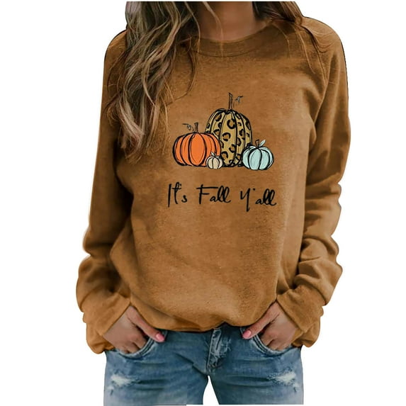 LEAVINGSUO Fall Clothes Womens Tops Long Sleeve Fashion Women Comfortable Casual Squash Letter Printed Pullover Round-Neck Long Sleeve T-Shirt Blouse Tops Brown XXL