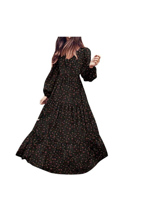 Fall Dresses Women Fashion Casual Chiffon Hedging V-neck Large Pendant Long Sleeve Floral Dress Black M