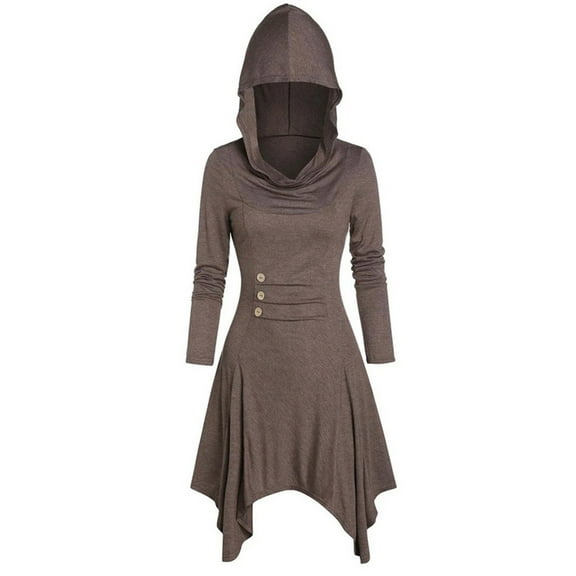LEAVINGSUO Fall Dresses for Women 2023 Women Costumes Lace Up Hooded Vintage Pullover High Low Bandage Long Dress Cloak Khaki XXXXL