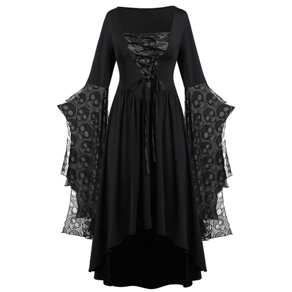 LEAVINGSUO Fall Dresses for Women 2023 Women's Large Size Sleeve Skull Lace Print Fashion Long Sleeve Bandage Retro Long Dress Black L