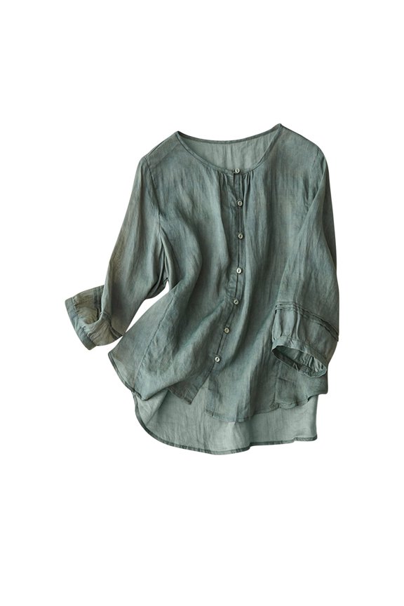 Fall Round Neck Tops for Women,Women's Round Neck Ramie Loose Shirt Literary Retro Everything Casual Thin Top Long Sleeve Crew Neck Top/Shirt Blue L