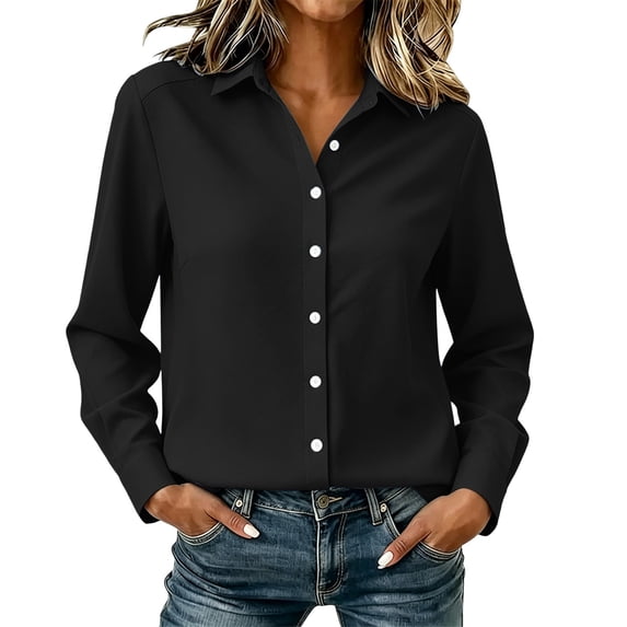 LEAVINGSUO Fall Shirts for Women Solid Collared Long Sleeve Casual Blouse Business Casual Outfits Black L