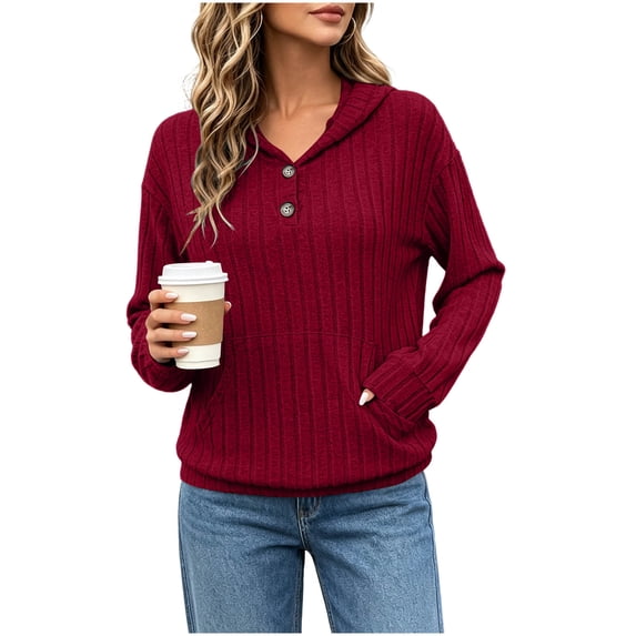 LEAVINGSUO Fall Tops for Women 2026 Casual Long Sleeve Button Thin Version With Pockets Hooded Collar Coat Wine M