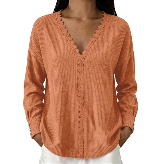 LEAVINGSUO Fall Tops for Women 2026 Casual Tops Loose Solid Long-Sleeve Button V-Neck Lace Blouse Sweater Brown XL
