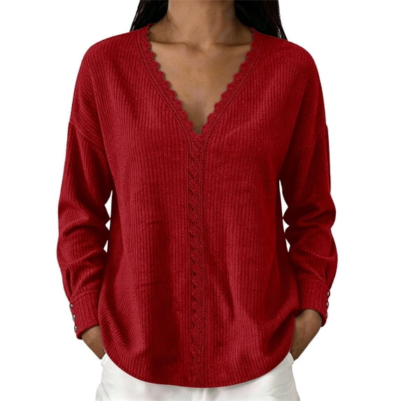 LEAVINGSUO Fall Tops for Women 2026 Casual Tops Loose Solid Long-Sleeve Button V-Neck Lace Blouse Sweater Red XL