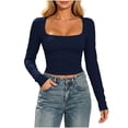 thumbnail image 1 of LEAVINGSUO Fall Tops for Women 2026 Fashion Solid Color Leisure Long Sleeve Base Layer Round-Neck Shirts Tops Dark Blue S, 1 of 7