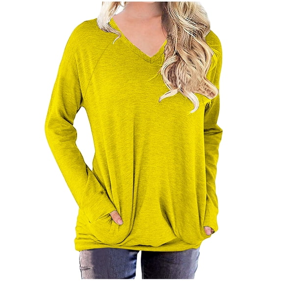 LEAVINGSUO Fall Winter V Neck Long Tops for Women, Womens Tops Clearance Oversized Tshirts Shirts for Women Solid Workout Sweatshirts Casual Basic Long Sleeve Shirt Classic Crew V-Neck Tops