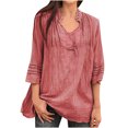 thumbnail image 1 of LEAVINGSUO Fall Winter V Neck Long Tops for Women, Womens Tops Women Solid Color V Neck Lace Splicing Fold Three Quarter Sleeve Blouses Tops, 1 of 5