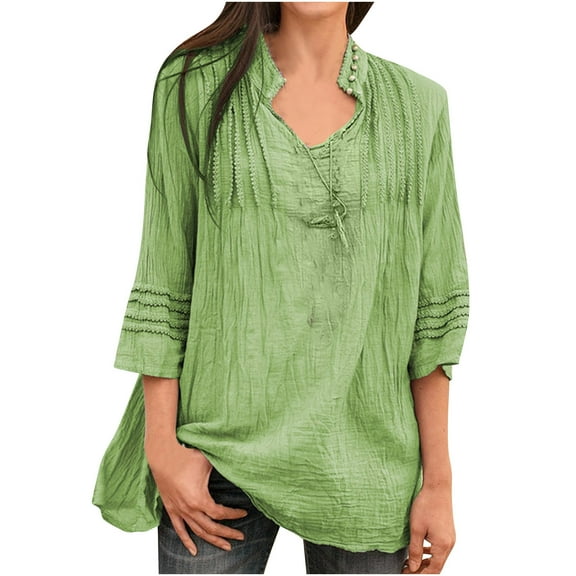 LEAVINGSUO Fall Winter V Neck Long Tops for Women, Womens Tops Women Solid Color V Neck Lace Splicing Fold Three Quarter Sleeve Blouses Tops