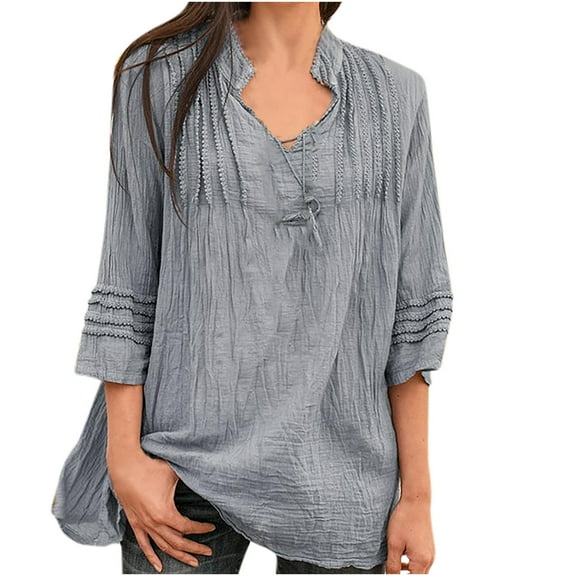 LEAVINGSUO Fall Winter V Neck Long Tops for Women, Womens Tops Women Solid V-Neck Lace Splicing Fold Three Quarter Sleeve Shirts Blouses Tops
