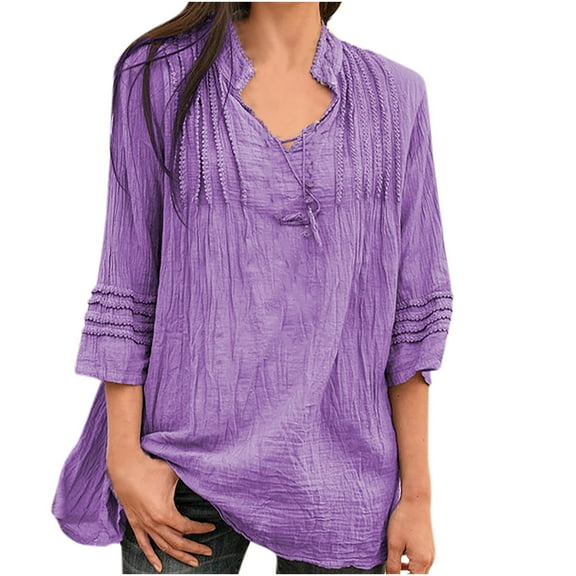LEAVINGSUO Fall Winter V Neck Long Tops for Women, Womens Tops Women Solid V-Neck Lace Splicing Fold Three Quarter Sleeve Shirts Blouses Tops