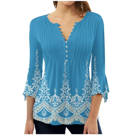 LEAVINGSUO Fall Winter V Neck Long Tops for Women, Womens Tops Clearance Fashion Women's Summer V-Neck 3/4 Sleeve Print Casual T-Shirt Blouse