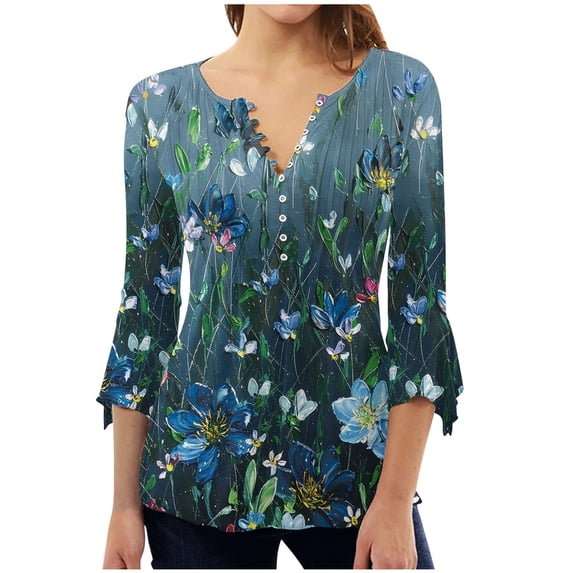 LEAVINGSUO Fall Winter V Neck Long Tops for Women, Womens Tops Clearance Fashion Women's Summer V-Neck 3/4 Sleeve Print Casual T-Shirt Blouse