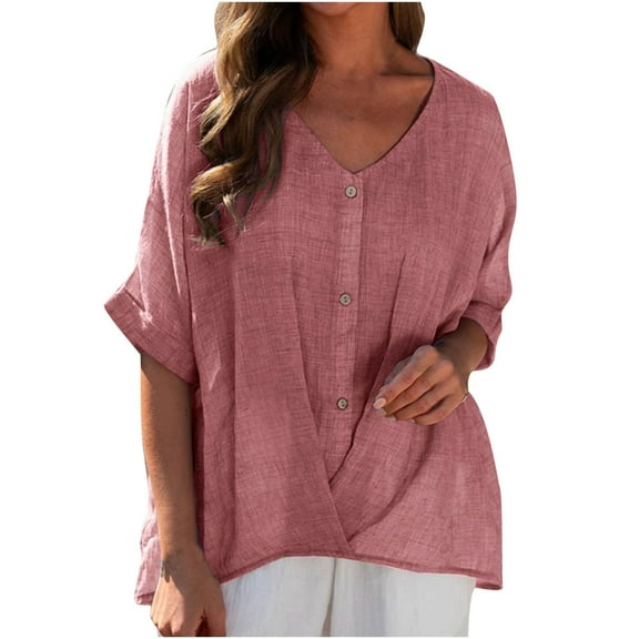 LEAVINGSUO Fall Winter Womens Casual Long Sleeve Tops Women's V-Neck Long Sleeve Loose Button Cotton and Linen Tunic Shirts Summer Shirts Blouse Pink S