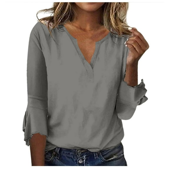 LEAVINGSUO Fall Winter Womens Fashion New Casual Long Sleeve T-Shirts for Women Women's Casual V-neck 3/4 Sleeve Flared Sleeve Top T-Shirt Long Sleeved V-neck Top/shirt Gray XXXL