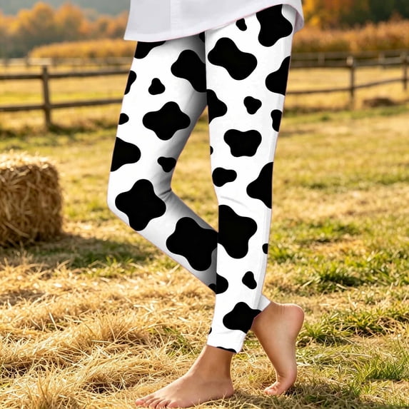 LEAVINGSUO Girls' Cow Print Leggings High Waist Stretchy Soft Tights Outerwear Pants Multicolor 3-4 Years