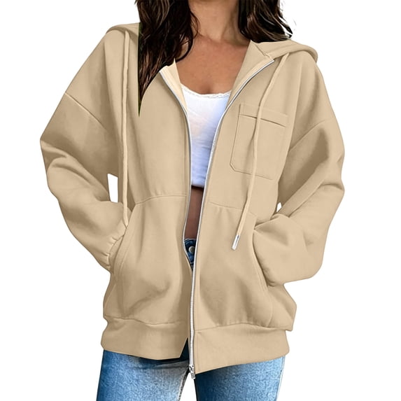LEAVINGSUO Hoodies for Women Zip Up Solid Color Hooded Long-sleeved Sweatshirt Cardigan With Pockets Beige M