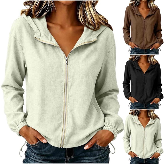 LEAVINGSUO Jackets for Women Zip Up With A Hood Casual Long Sleeve Hooded Jacket With Pockets Solid Color Top Coffee XL