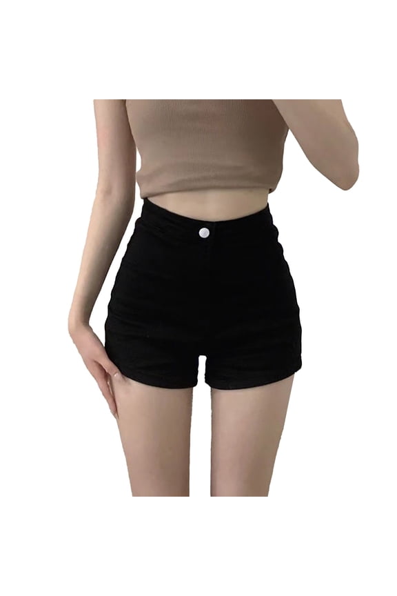 Jean Shorts for Womens High Waisted Women's solid color spring summer straight stretch denim shorts women's dance hip wrap versatile leg show long shorts Black S